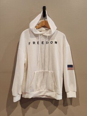 Womens Waffle Knit Hoodie Freedom Graphic USA Flag Sleeve Pullover Sweatshirt Me